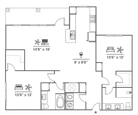 Floor plan for 2 beds, 2 baths, 1342 sqft